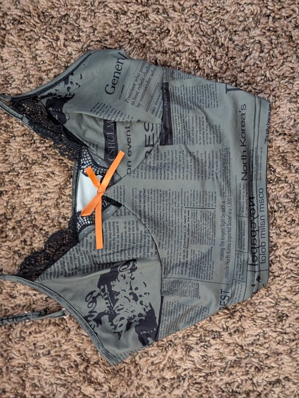 SHEIN Gray Newspaper Print Bralette with Orange Bow